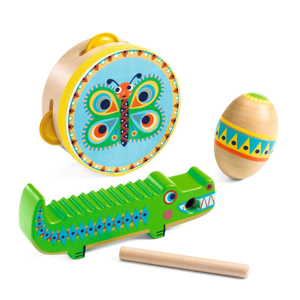 Musiksæt med Tamburin, Maracas og Guiro