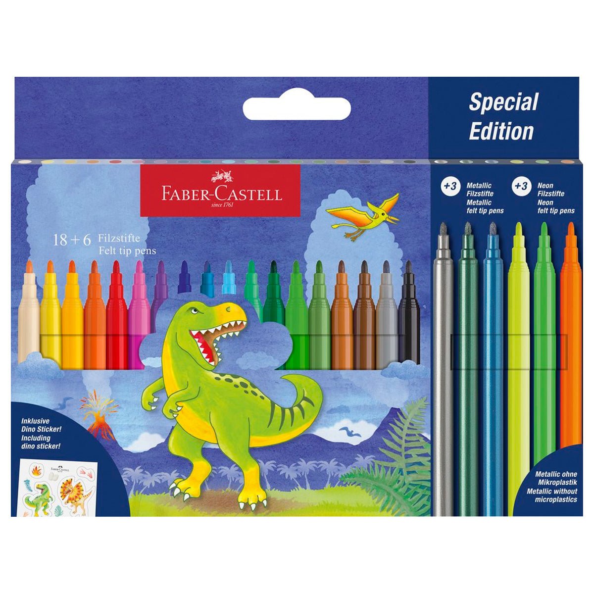 Faber - Castell Tusser 18 + 3 Metallic + 3 Neon + Stickers, Dinosaur