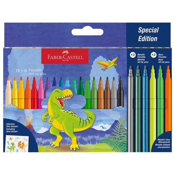 Faber - Castell Tusser 18 + 3 Metallic + 3 Neon + Stickers, Dinosaur