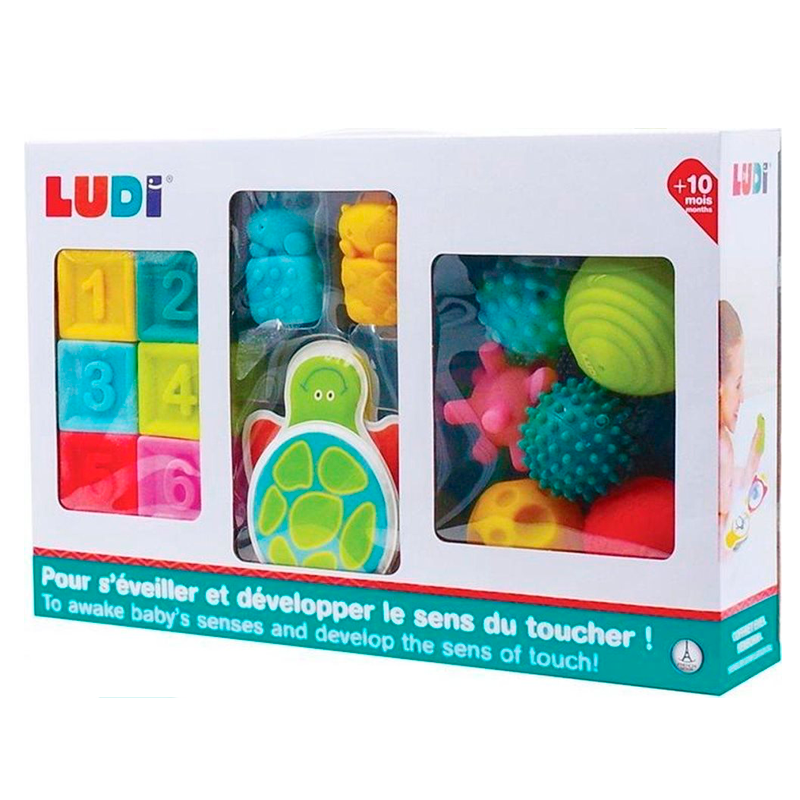 Ludi legesæt med bolde, klodser, badefigurer og - bog