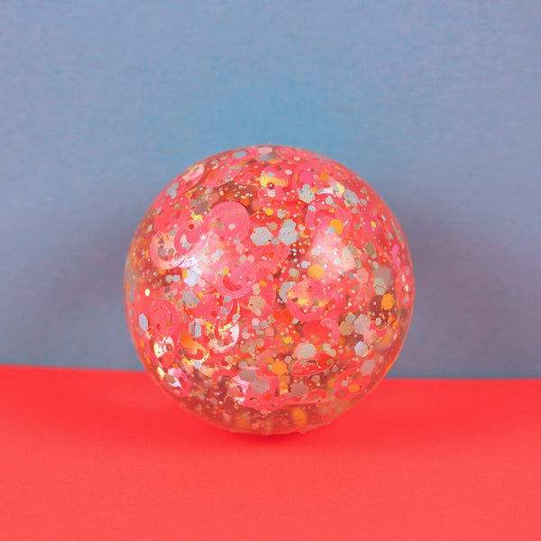 Flummiball Mit Smileys und Konfetti, Neonpink/Hellblau