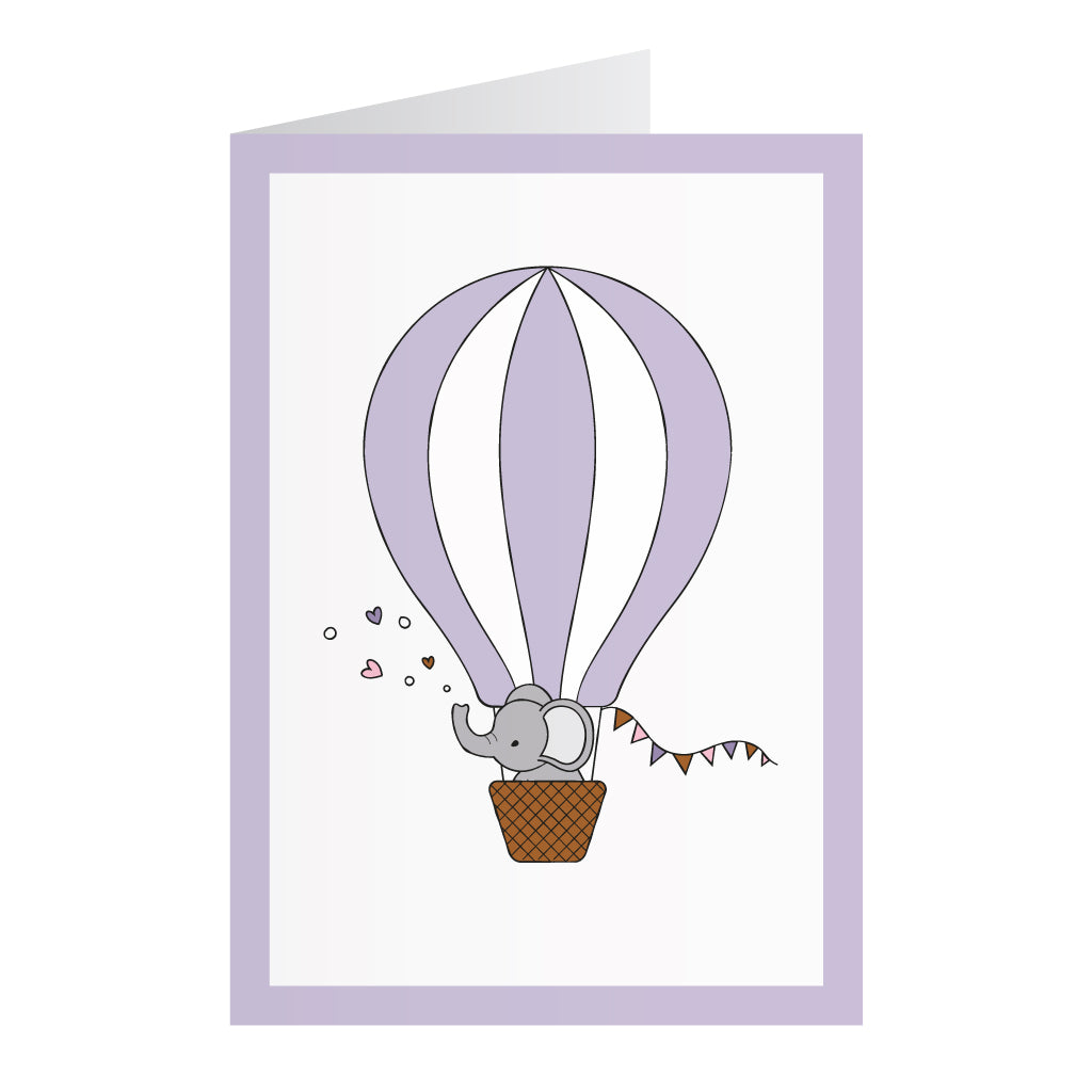Kort Med Elefant I Luftballon Lilla (A6)
