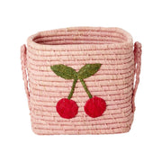 Lille Firkantet Raffia Kurv i Big Cherry Design i Pink